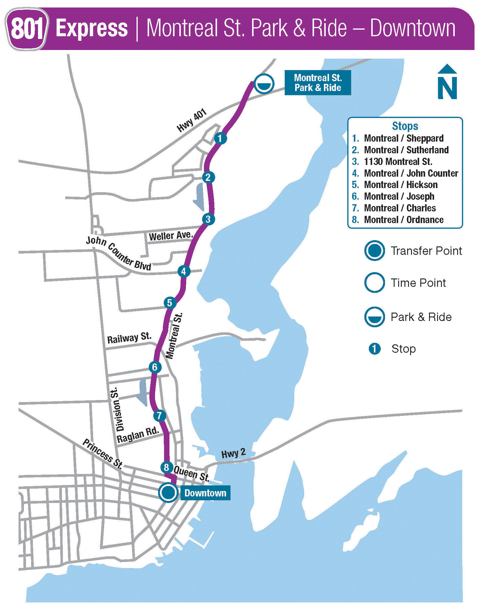 Route 801 Map - Montreal St. Park & Ride - Queen's/KGH