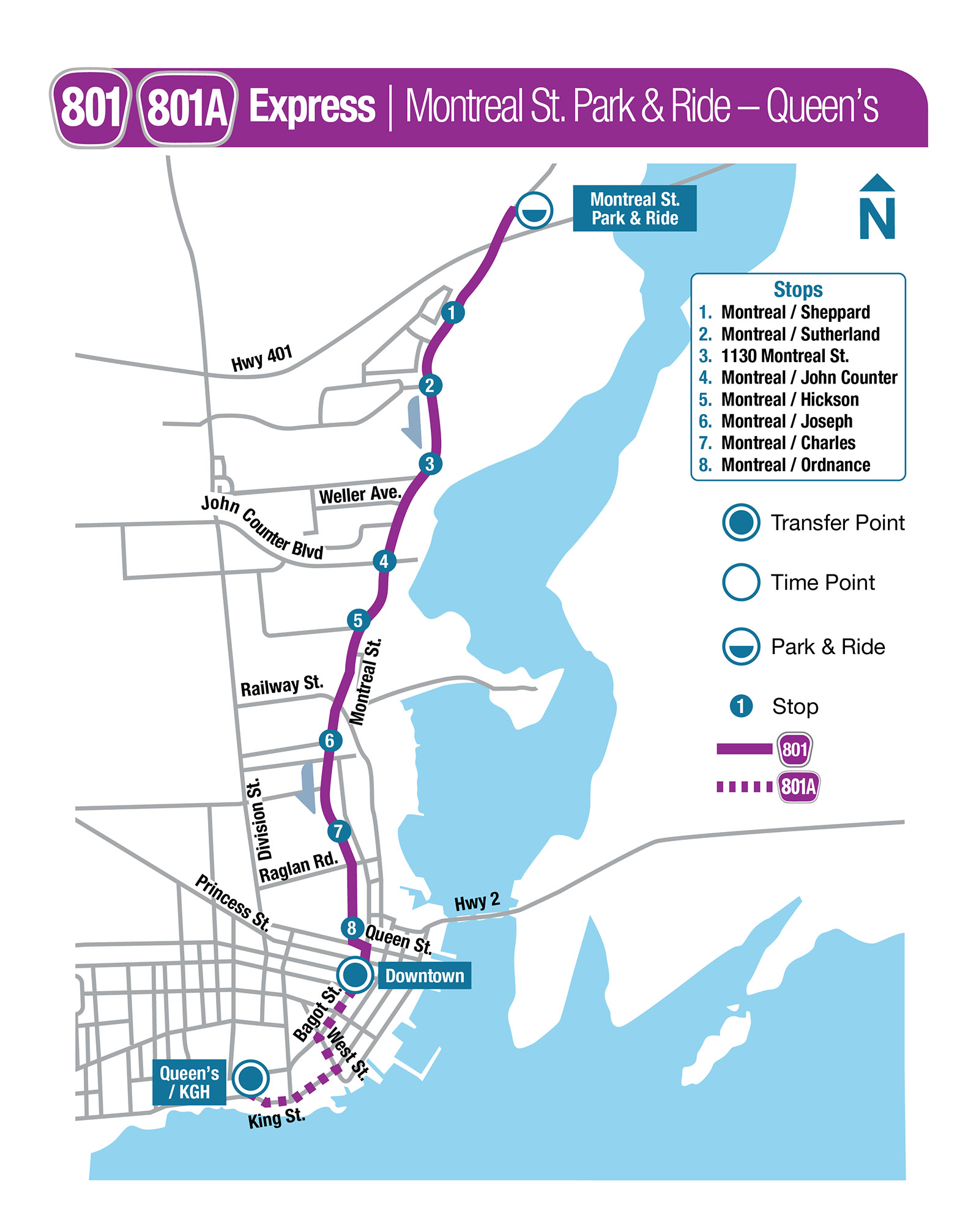 Route 801 Map - Montreal St. Park & Ride - Queen's/KGH