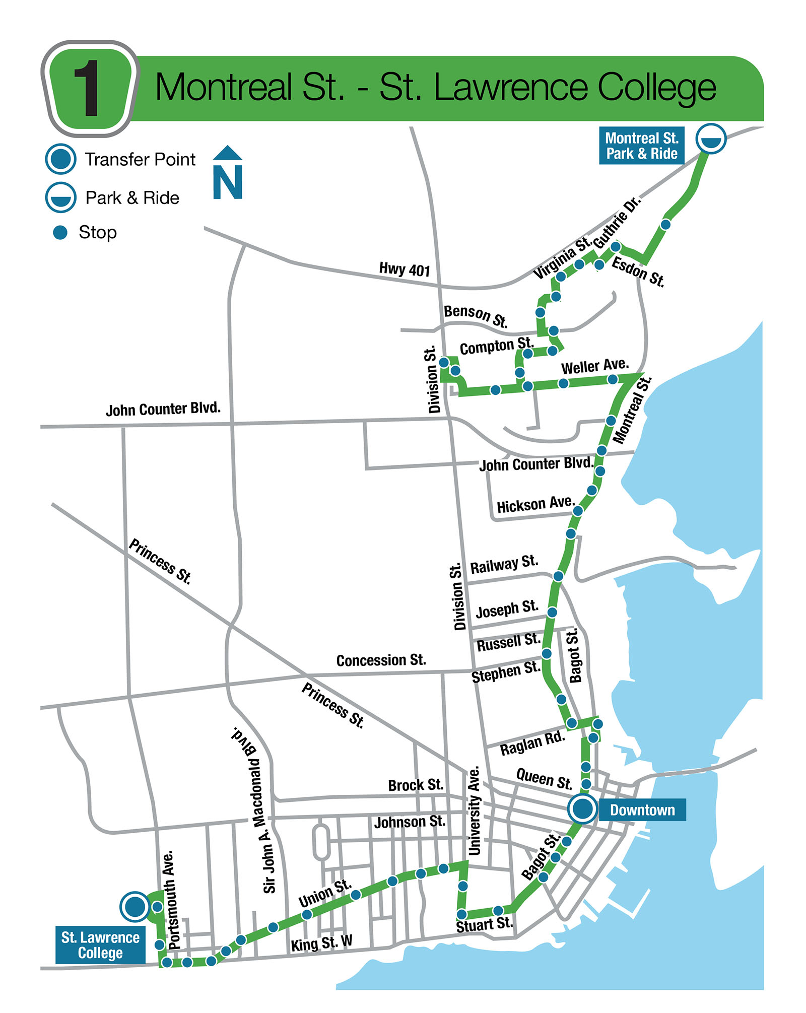 Route 1 Map - Montreal St to St Lawrence College