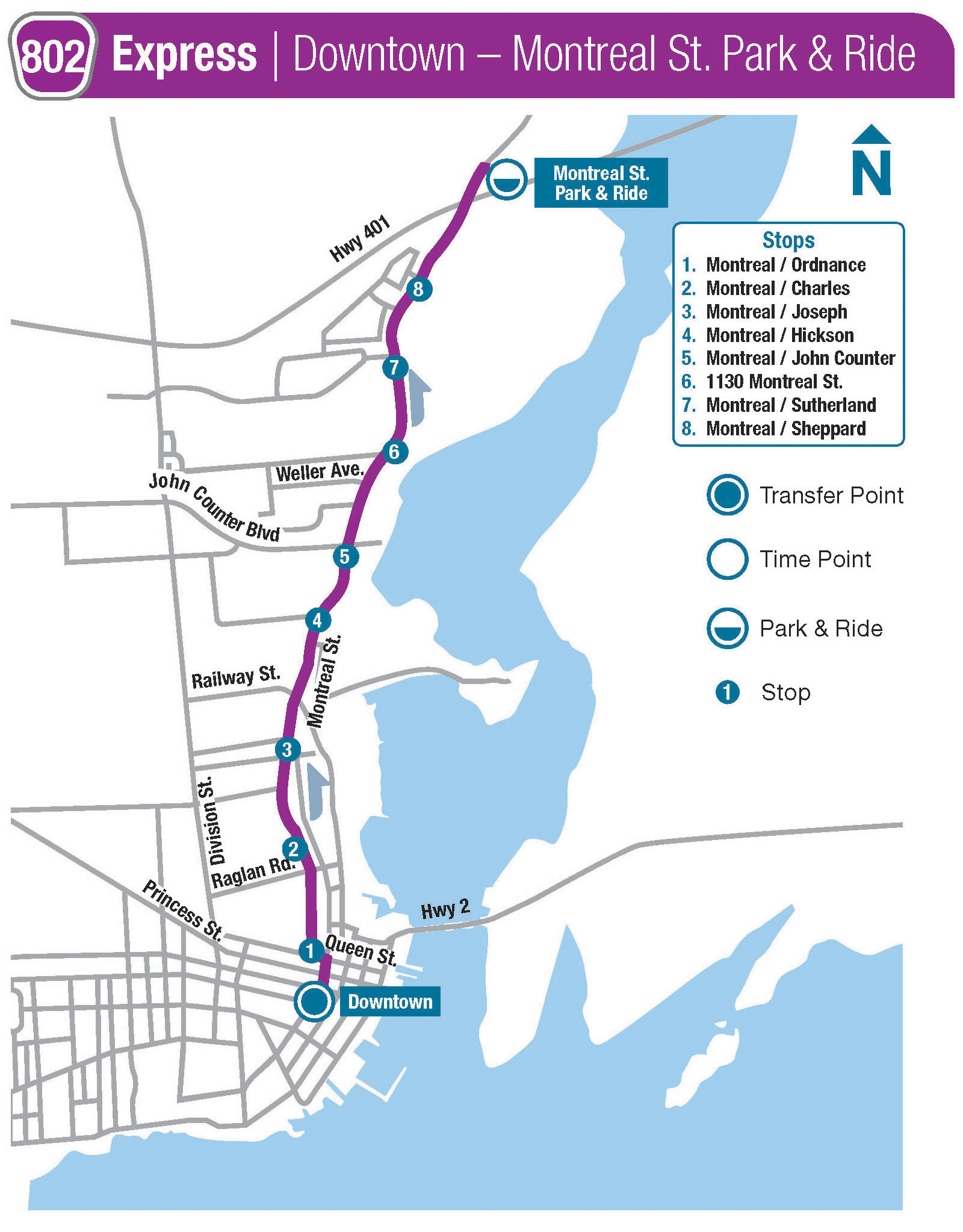 Route 802 Map - Queen's / KGH - Montreal St. Park & Ride